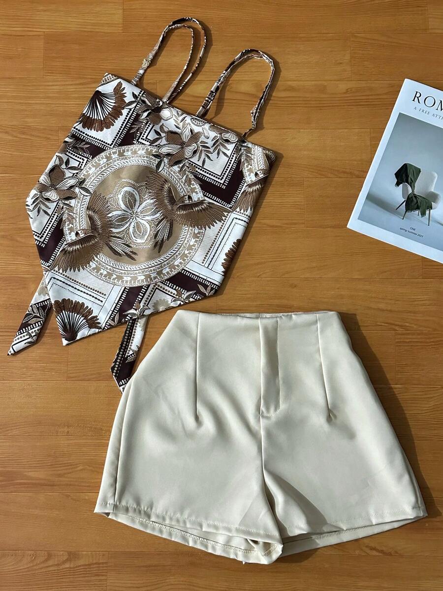 Women's Elegant Sleeveless Blouse With Floral Print And Special Effect, Matching Plain Shorts, Two-Piece Set - Lạc đà - Xem 1