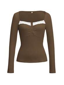 Y2K复古棕色短款上衣，修身长袖，方领，蕾丝边饰，甜美休闲简约校园风，适合春季和情人节穿着。 - 棕色 - 查看 4