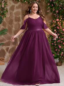 大码女式蕾丝拼布露肩正式长裙，适合婚礼宾客、伴娘、伴娘 - 中紫紅色 - 查看 1