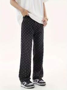 Black Jacquard Full Print Flared Jeans Men's European And American High Street Vibe Straight Loose Narrow Version Casual Wide Leg Pants - 黑色 - 查看 4