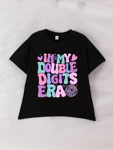 Tween Girl Cute Simple & Fresh T-Shirt Floral Print Round Neck Top, Summer - Black - View 6