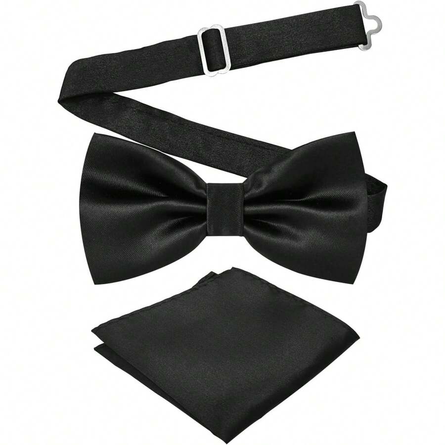 Adjustable Bowtie And Pocket Square Men Bowtie And Handkerchief Solid Color Double Fold Pre-Tied Bow Tie For Wedding Party