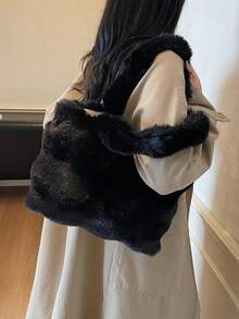 秋冬新款毛绒单肩包大容量手提包拼布托特包纯色仿皮草手提包多功能女包优雅百搭通勤包 - 黑色 - 查看 5