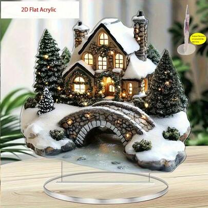 2D 亚克力平面雪景圣诞树房屋挂饰 - 家庭办公室节日桌面装饰，1 件，2D 平面