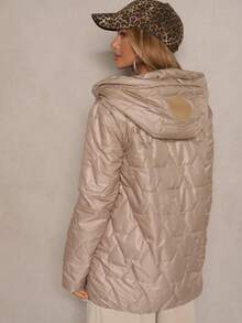 Zip Up Drawstring Hooded Boxy Quilted Coat - Khaki - View 3