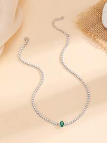 1件绿色水滴形闪亮立方氧化锆项链，时尚颈链，送给女性、女孩、毕业生、闺蜜、女友、生日的礼物 - 銀色綠水滴 - 查看 3