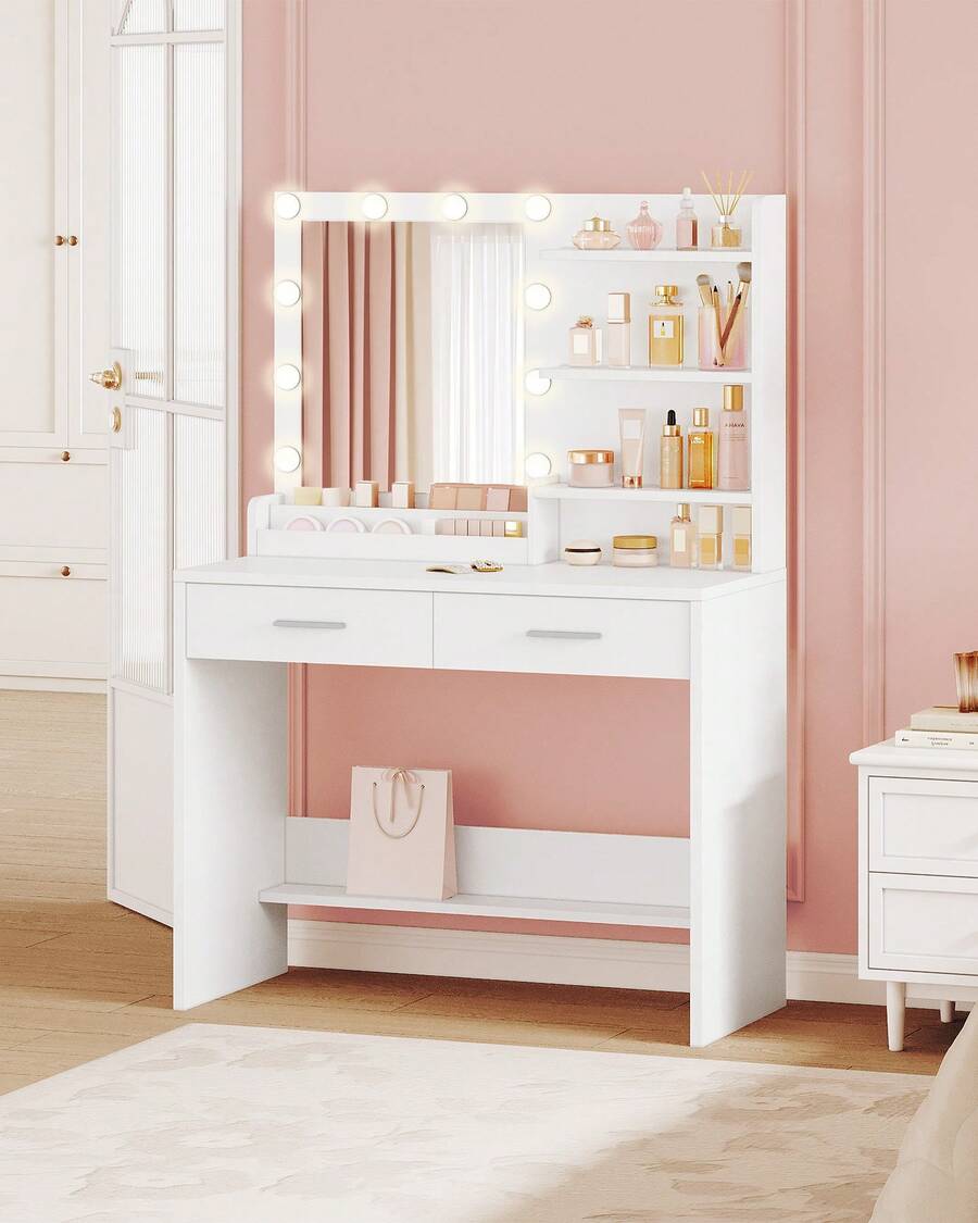 HaluPeit 90 cm Toeletta da Trucco con Illuminazione a LED, Toeletta da Trucco con specchio, 3 livelli di luminosità, 2 cassetti, 4 ripiani aperti e 2 scomparti, moderna, Bianca - Spina tipo C UE (220-240 V) - Visualizzare 1