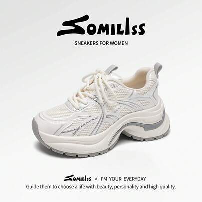somiliss Women's Fashion Casual Sports Shoes, Front Lace-Up Mesh Breathable Comfortable Chunky Sneakers, Fashionable Thick Sole 5cm Height Increase Low-Top Outdoor Walking Shoes, Pearl White