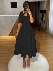 Bộ 2 váy liền thân in họa tiết tiền xu cổ điển kiểu Pháp thanh lịch + áo khoác tay ngắn, bộ đồ hai mảnh tôn dáng - màu đen - Xem 4