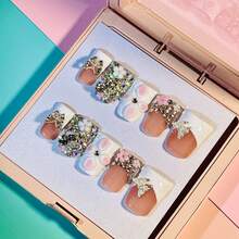 NailLuxe 10 PCS Handmade Duckbill Press - On Nails | CrystalBowSparkle With Acrylic Glitter Bows, Floral Accents & Rainbow Rhinestones - White - View 3