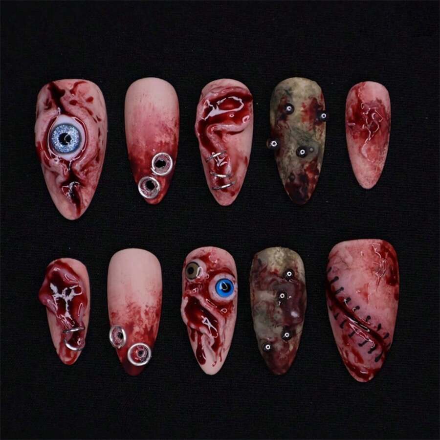 Usar uñas de almendra para Halloween, ojos saltones tridimensionales manchados de sangre, tabletas de arte de uñas de alta calidad - 2XB1-13244 - Ver 1