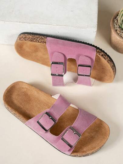 Buckle Flat Soft Cork Slippers, Breathable Summer Beach Strap Fashion Versatile Outdoor Casual Sandals, Super Classic. Adjustable Size