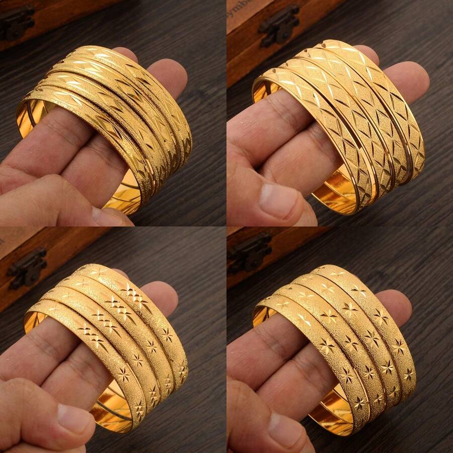 Set de 4 brazaletes de estilo africano de Dubai con acabado mate en color dorado, joyería de lujo para fiestas, regalo de boda para la novia saudí - Amarillo Oro - Ver 1
