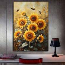 [2D Flat] 1Pc Framed Ready To Hang, Natural Abstract Flowers Painting Canvas Wall Art, Modern Retro Plant Landscape, Sunflowers With Bees Artwork Suitable For Living Room, Bedroom, Office, Dining Room Decoration Painting, Home Decor, Living Room Office Hallway Dorm Wall Decor, Posters And Prints Wall Art Pictures For Apartment Room Decor Aesthetic, Wrapped Framed Canvas Print - Màu vàng - Xem 3
