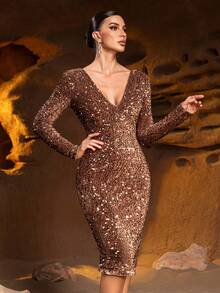 Formalna, dopasowana suknia wieczorowa z dekoltem w serek i odkrytymi plecami, z długim rękawem – elegancka sukienka na imprezy na czerwonym dywanie, eleganckie gale, formalne stroje dla gości weselnych, bale charytatywne, kolacje z wręczeniem nagród