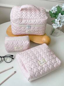 1Pc/Set Gingham Pattern Large Capacity Girls' Makeup Bags Travel Makeup Bag For Women, Fashionable Makeup Bag Set, Portable Make Up Bag ,Cosmetic Bag, Multi-Functional Storage Bag Clutch With Zipper Closure For Cosmetics, Brush, Coins, Keys, Hair Clips ,Scrunchie, Etc. Skincare Bag Toiletry Bag Travel Organizer Makeup Pouch Packing Cubes Mother's Day Gift ,Back To School Gift New Year's Gifts Christmas Gifts Bridesmaid Gifts Travel Essentials - 粉色 - 查看 1