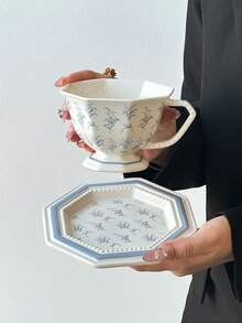 1套法国复古花卉藤蔓陶瓷咖啡杯碟，家用水/下午茶杯碟，节日礼物杯碟 - 彩色 - 查看 7