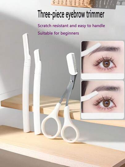 Set de 3 piezas: Navaja de precisión micro para cejas, Afeitadora de cejas dedicada, Tijeras de cejas blancas, Herramienta de arreglo de cejas para principiantes, Accesorios de maquillaje y belleza