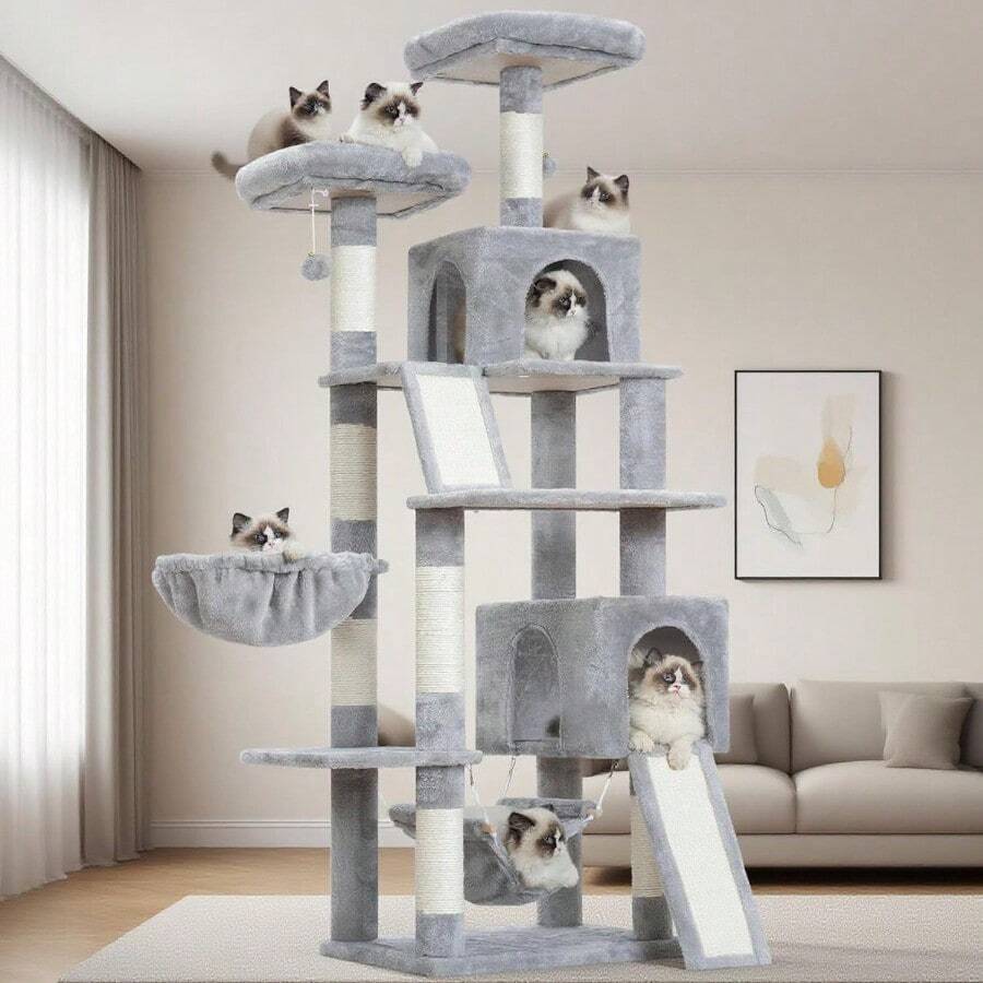 2025by Cat Tree For Indoor Cats, 71'' (180cm) Multi-Level Cat Tower For Large Adult, Sturdy Cat Tree House With 2 Scratching Boards 7 Posts, 2 Plush Perches/Condos, Hammock, Smoky Gray GCT032G