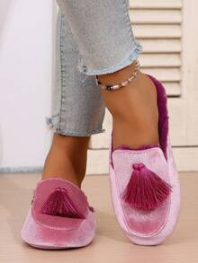 女士手工缝制流苏装饰奢华天鹅绒保暖卧室拖鞋，防滑 TPR 鞋底，包头优雅女士拖鞋，秋冬舒适鞋 - 藕粉色 - 查看 3