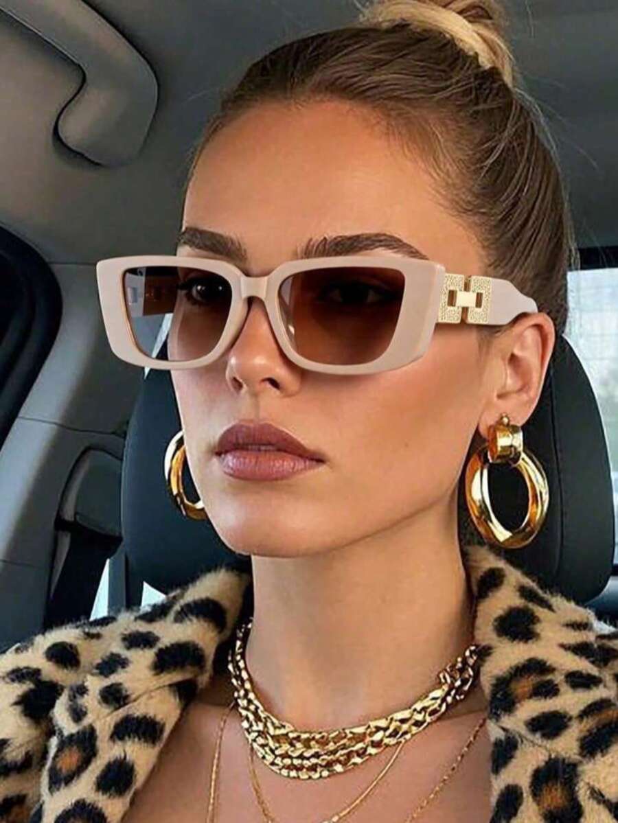 Retro Rectangular Plastic Frame Sunglasses, Classic And Elegant Design, UV Protection, Beach Accessories, To Wear With Sweater, Denim, Sweatpants, Jacket, Dress, Long Sleeve Shirt, Ideal For Family Outings, Beach, Travel And Summer Vacation - 卡其色 - 查看 1