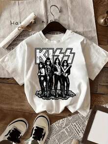 Camiseta playera T-shirt mujer cuello redondo manga corta estampado grafico banda rock KISS estilo rockero moderno cuello redondo manga corta primavera verano uso diario - Blanco - Ver 1