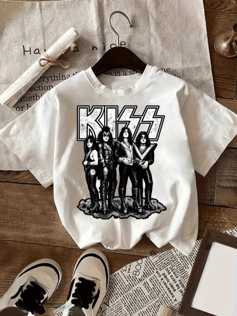 Camiseta playera T-shirt mujer cuello redondo manga corta estampado grafico banda rock KISS estilo rockero moderno cuello redondo manga corta primavera verano uso diario - Blanco - Ver 1