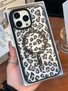 1pc Transparent Black Magnetic Protective Case Compatible With Iphone 16/17 Pro Max, Soft Edge Hard Back Cover Compatible With Iphone 15 Pro/13, 11/12/14, Leopard Print Convenient Phone Case Compatible With Iphone 16e, Galaxy S25/24