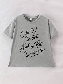 Tween Girl可愛簡約清新印花圓領t卹,夏季 - 灰色 - 查看 2