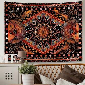 1pc Orange Sun And Moon Tapestry Wall Hanging, Hippie Mandala Cool Wall Decor For Bedroom, Living Room, Dorm, Home Decoration