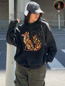 1PC Autumn Leaves Fox Print Women's Casual Fleece Crewneck Sweatshirt, Perfect Birthday Gift, Holiday Present - Black - View 1