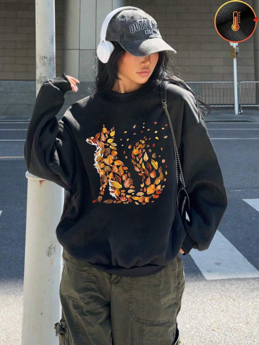 1PC Autumn Leaves Fox Print Women's Casual Fleece Crewneck Sweatshirt, Perfect Birthday Gift, Holiday Present - Black - View 1