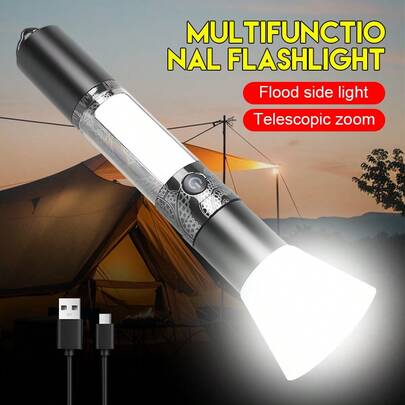 Lanterna LED superbrilhante de 1 unidade, holofote recarregável com luz lateral, carregamento rápido tipo C, bateria de lítio 18650, lanterna tática portátil, luminária de emergência para ambientes externos
