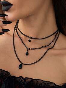 3pcs/Set Gothic Style Personalized Sweet And Cool Dark Rhinestone Black Blood Drop Tassel Necklace Choker For Women, Halloween Party Accessories, Halloween Gift For Friends - Black - View 8