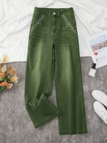 Women's New Distressed Stretch Wide Leg Straight Jeans - Army Green - View 5