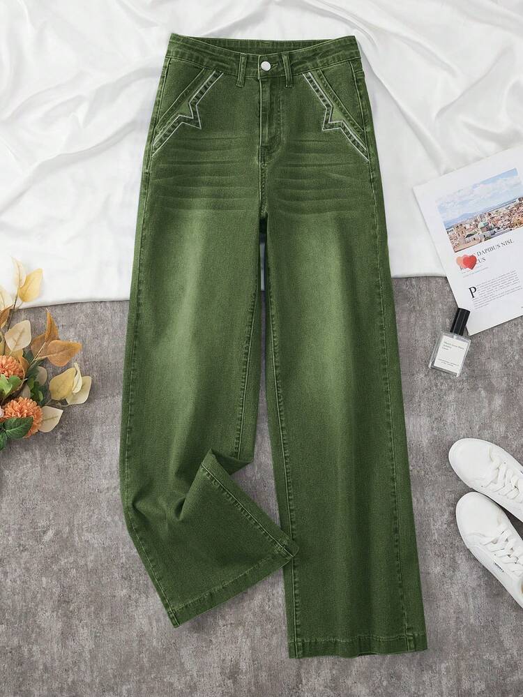Denim Retos de Perna Larga com Stretch e Desgaste Novo para Mulheres - Verde Militar - Visão 5