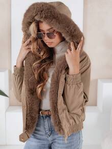 Women's Short Winter Jacket With Hood And Faux Fur Trim. Stylish And Warm Outerwear With Zipper And Snap Fastening, Elastic Waist And Cuffs, Practical Pockets, And A Fashionable Design Perfect For Winter And Everyday Urban Looks. - Beige - View 2