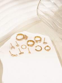 12 件复古迷你锆石镶嵌星星和月亮装饰耳环套装，心形吊坠多层穿孔耳环，铜首饰适合女性派对配饰 - 金黃色 - 查看 5