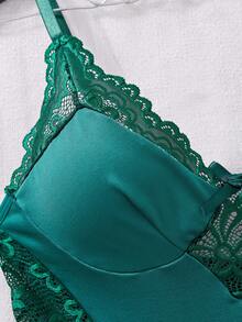 Women Sexy Lingerie Contrast Lace Milk Silk Chemise Nightgown Babydoll Dress Slip Nightwear - 綠色 - 查看 4