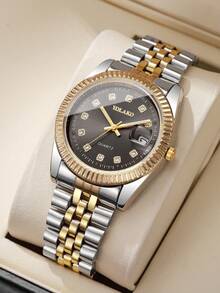 1pc Men's Fashion Casual Rhinestone Scale Dial Calendar Stainless Steel Quartz Wrist Watch, Classic Business Style (Watch Only, No Box) - White - View 1