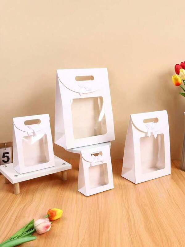 12 Stücke sortierte Größen Geschenkbeutel mit Schleife, klein/mittel/groß/extra groß Papiertüten für Hochzeiten, Partys, Weihnachten, Geburtstage, Babypartys (Weiß, Braun)