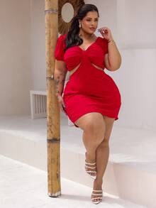 PLUS SIZE SUMMER SLEEVE DRESS LIGHTWEIGHT LOOSE FABRIC RUFFLED NECKLINE SEXY COMFORT SUMMER LOOK CURVE G1 AND G2 - RED DUNE - View 6