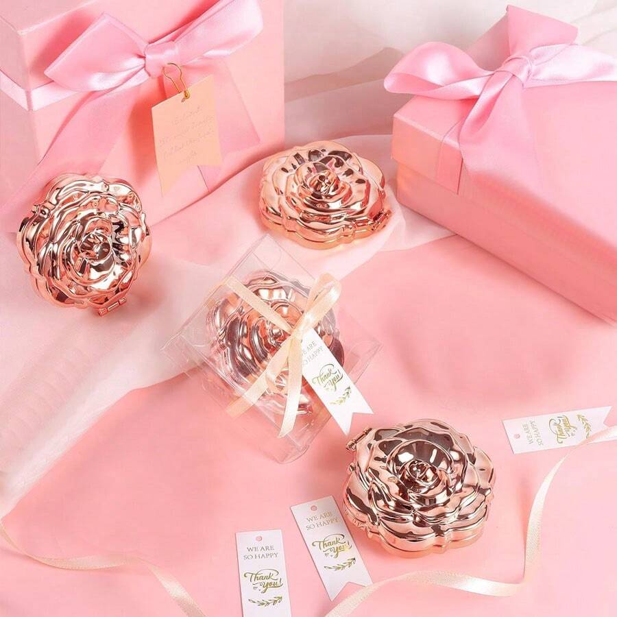 1Pc Mini Travel Makeup Mirror, Portable Foldable Mirror Rose Petal Shape Compact Mirror Suitable For Wedding Parties And Birthday Occasions