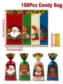 100pcs Christmas Gift Bags With Gold Jute Rope, Patterns Include Santa Claus, Snowman, Reindeer, Gingerbread Man, Plastic Material, Suitable For Christmas Party Gift Packaging, Christmas Decoration, Christmas Small Gift Bags, Christmas Candy Bags, Christmas Eve Gift Packaging, Winter Decoration, Christmas Room Decoration, Christmas Home Decor, 2026 New Year Decoration, Christmas Decoration, Party Favors. - Christmas Mix - View 4
