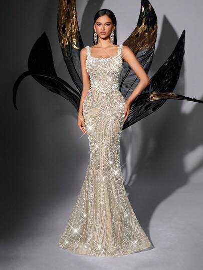 Ärmlös sjöjungfruklänning med paljettpärlor och rygglös