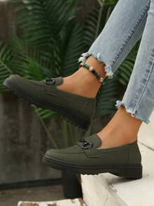Women's Green British Style Slip-On Loafers, Anti-Slip, Soft & Comfortable, School/Work Casual Shoes, New Design - Army Green - View 6