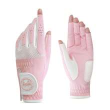 女士超细纤维布 PU 皮革高尔夫手套，透气网眼，防滑，撞色设计 - 粉色 - 查看 8