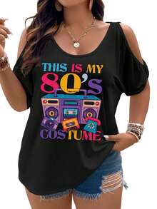 80s Costume Boombox, Cassette, And Retro Tech Women Cold Shoulder Tops Summer Short Sleeve Shirt Plus Size - màu đen - Xem 1