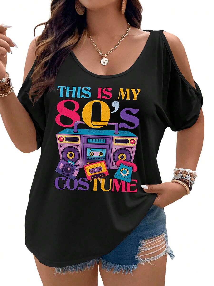 80s Costume Boombox, Cassette, And Retro Tech Women Cold Shoulder Tops Summer Short Sleeve Shirt Plus Size - màu đen - Xem 1