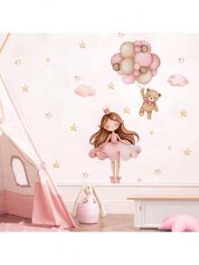 1/ 2 Sheets Cute Princess Teddy Bear Wall Stickers - 4 Styles Princess Decals,Removable Nursery Decals For Baby Girl Room Decor, Pink Gold Theme, Dreamy Wall Art & Cute Animal Stickers & Stars Clouds Balloons Design - Multicolor - View 5